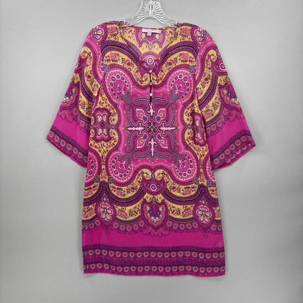 Calypso St Barth‎ Dress XS Pink Paisley Silk Kaftan 3/4 Sleeve Boho Tunic Womens
